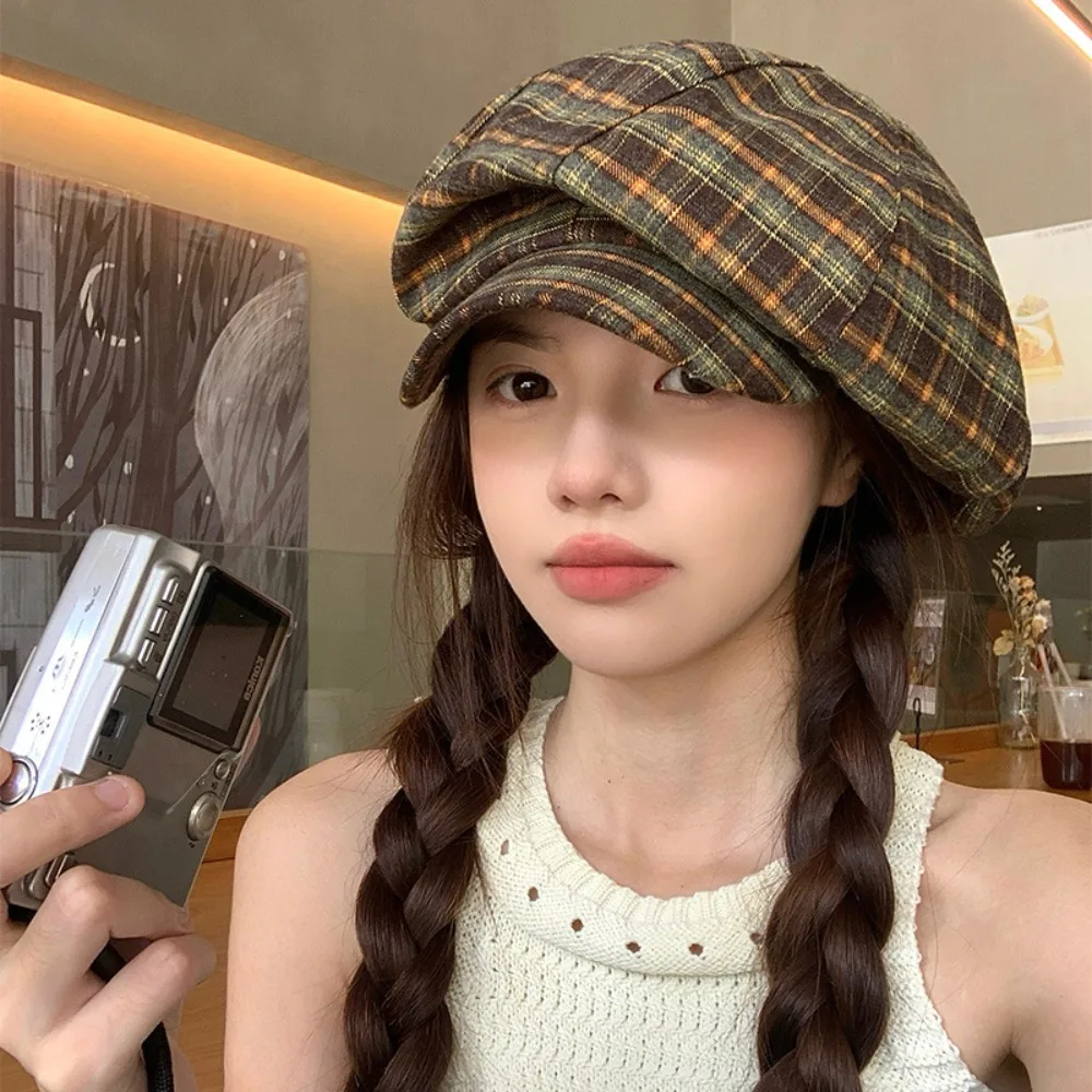 

Painter Hat Cotton Plaid Cloud Cap Polyester Thin Grid Beret Cap Big Head Circumference Retro Women Octagonal Hat Ladies