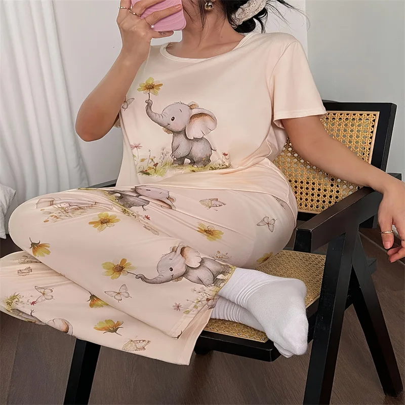 Women's new style small elephant rabbit pattern short sleeve cartoon trousers casual pajamas set
