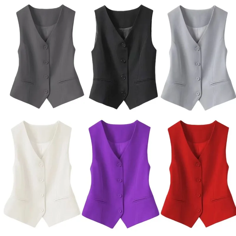 

Office-look Vests Women Elegant V-neck Korean Temperament Outwear Solid Simple Coats Fashion Sleeveless Aesthetic Office Ladies