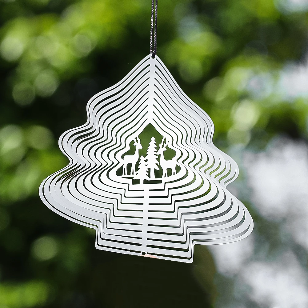 10cm Christmas Tree Elk Wind Spinner 3D Rotating Wind Chimes Mirror Reflection Effect Weathervane Outdoor Yard Hanging Decor