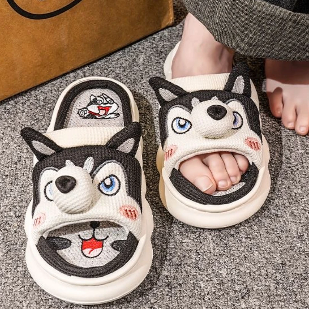 Cute Husky Ladies Soft Sole Casual Couple Style New Shoes Ventilated Comfortable Pattern Design Non-slip Linen Home Slippers