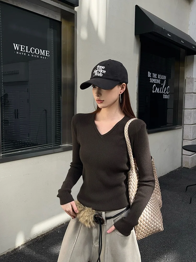 

Женский топ Vcansy Slim Fit с длинным рукавом и V-образным вырезом, вязаный, модный, базовый, из полиэстера, повседневный стиль