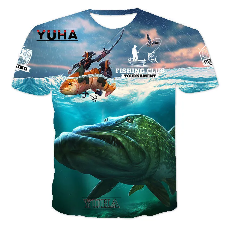 Summer new fishing pattern 3DT shirt men and women round neck short -sleeved casual fish print must -have top & T -shirts