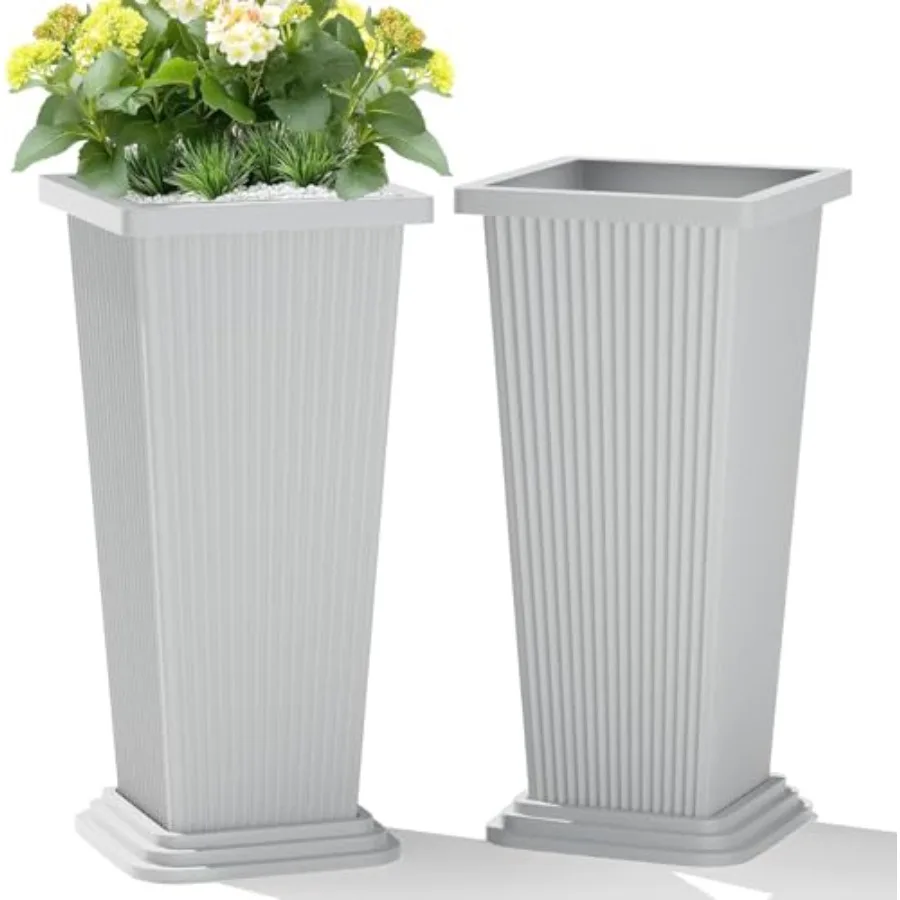 

Set of 2 Large Tall Planter for Indoor or Outdoor 24 Flower Pots Tapered Tall Planters with Tray for Porch Patio Backyard Large