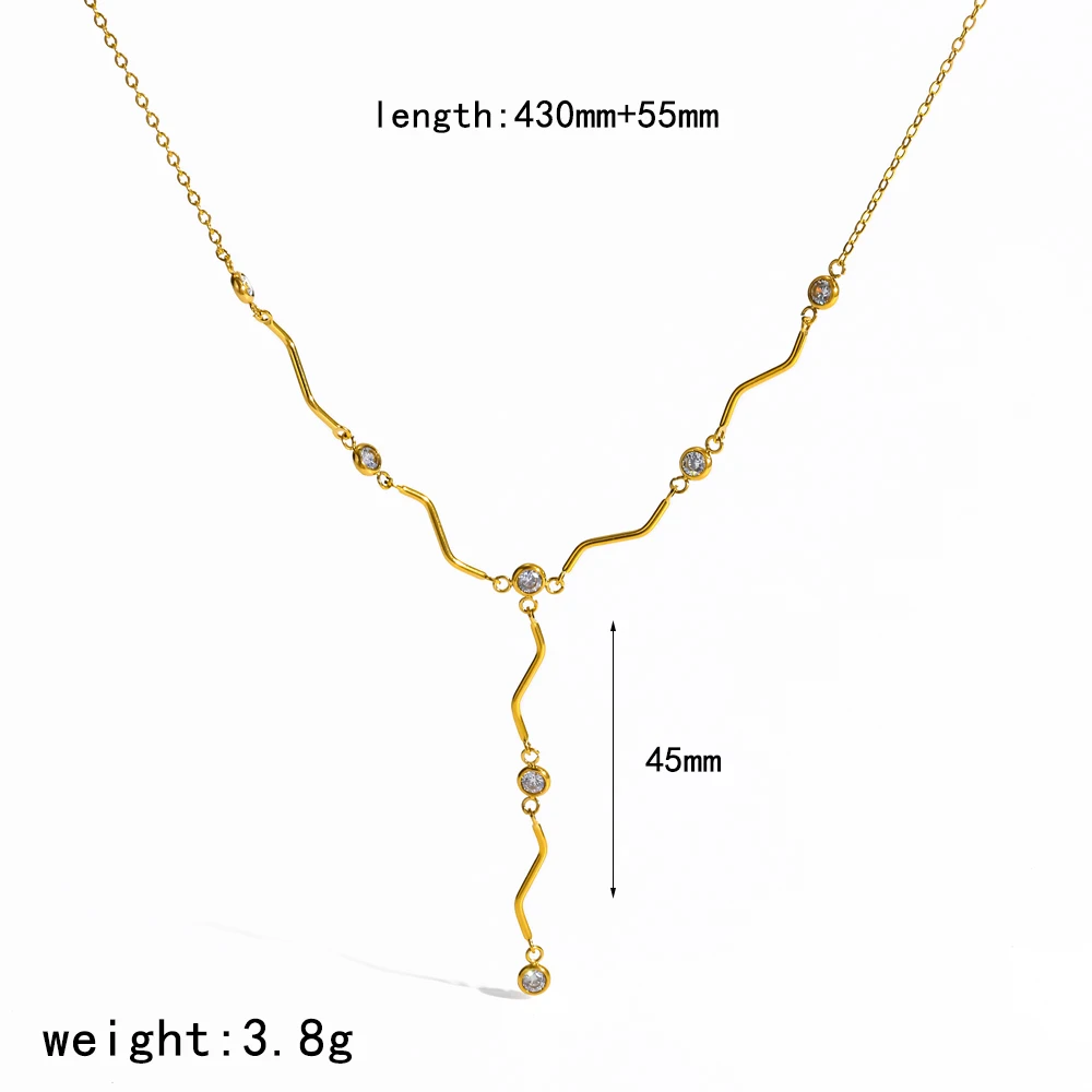 Minimalistische 18K vergoldete Edelstahl-Wellenkette mit Zirkon-Anhänger, wasserdicht, Partyschmuck, Geschenke für Frauen – Detail 5