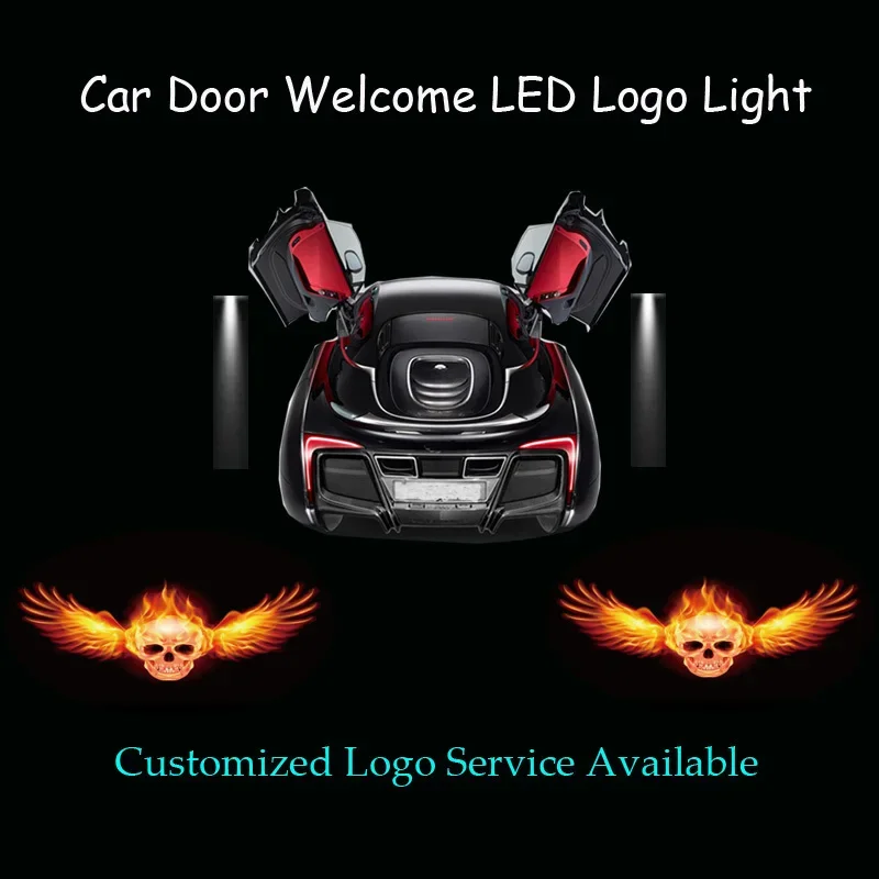 2pcs Flaming Angel Wings Ghost Skull Logo LED Wired Car Laser Projector Door Welcome Light Ghost Shadow Puddle Spotlight