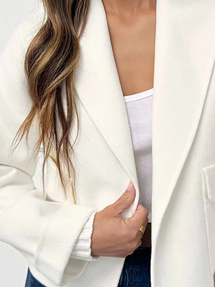 

Женская винтажная облегающая куртка с воротником с лацканами, повседневное однотонное пальто с карманами для поездок на работу, элегантная осенне-зимняя удобная верхняя одежда