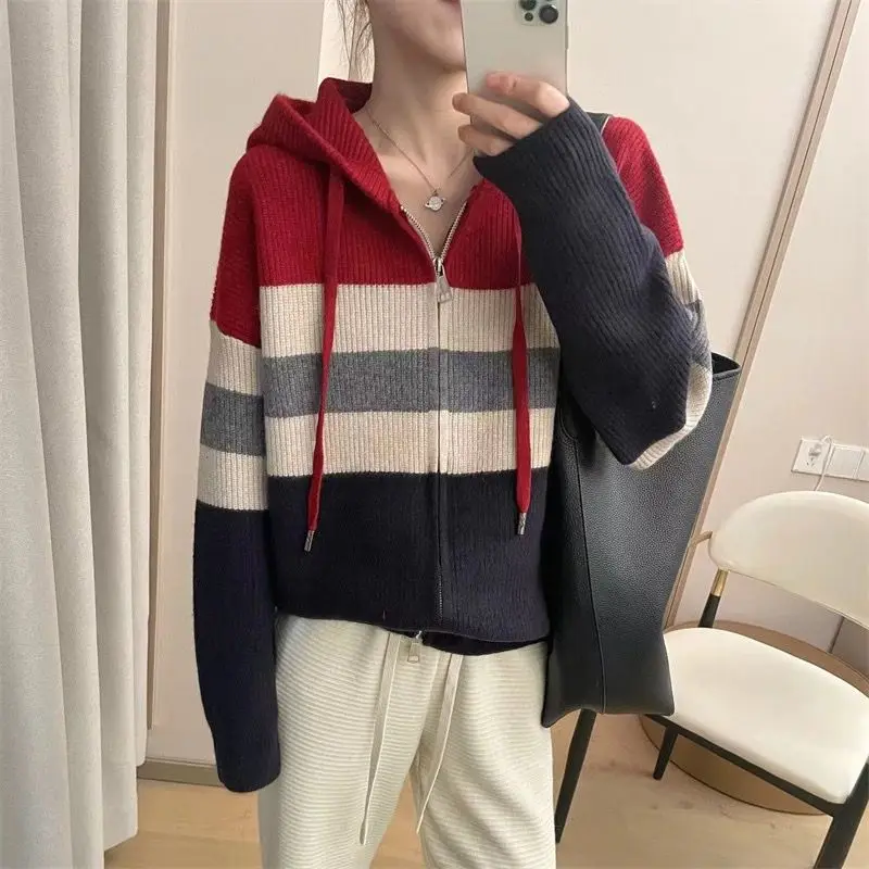 

2024 Women Spring Autumn Fashion Loose Knit Hooded Coats Female Zipper Cardigan Jackets Ladies Sweater Casual Outerwear S513