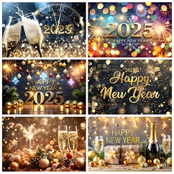 2025 Happy New Year Background Golden Fireworks Wine Glasses Family Countdown Party Decor Banner Celebrate Poster Photo Props