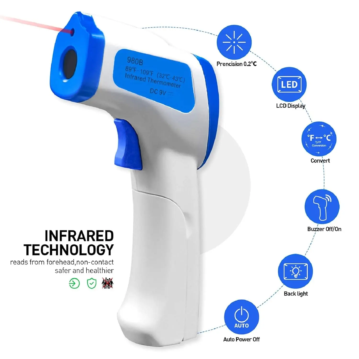 BT-980B Non-Contact Infrared Thermometer Digital Temperature Gun Measure 32℃～43℃/ 89 to109℉(NOT for Human)