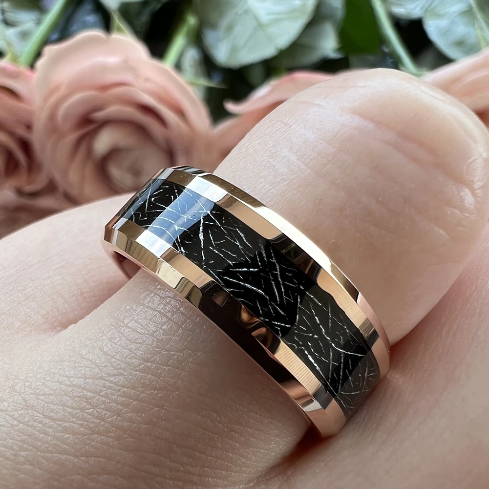 8mm Wholesale Meteorite Inlay Tungsten Ring Men Women Fashion Engagement Wedding Band Beveled Polished Shiny Jewelry – Detail 5