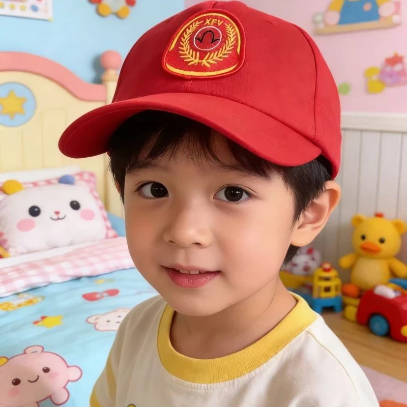Fireman Embroidery Red Kids Baseball Cap - Adjustable Summer