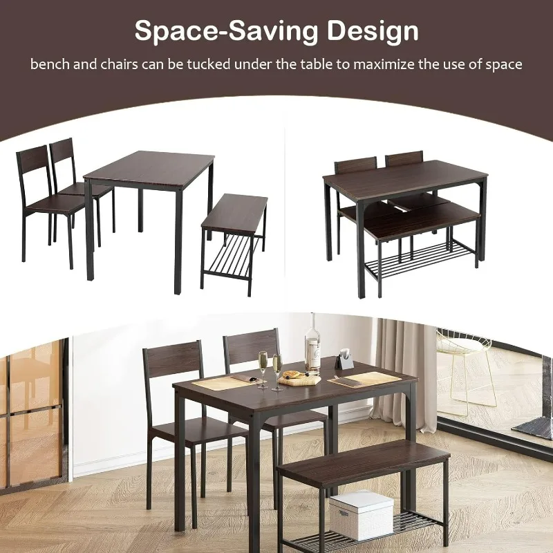 Dining Table Set for 4, 43.3 inch Kitchen Table Set with Chairs and Bench