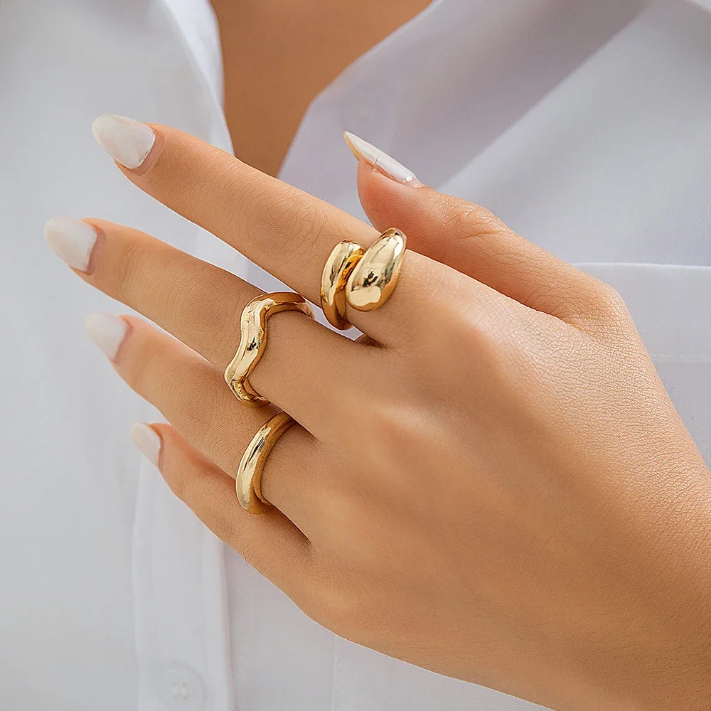 3Pcs Trendy creative Geometric WaveShaped Ring Set for women DesignIrregular Adjustable Open Ring FingerJewelry Accessories
