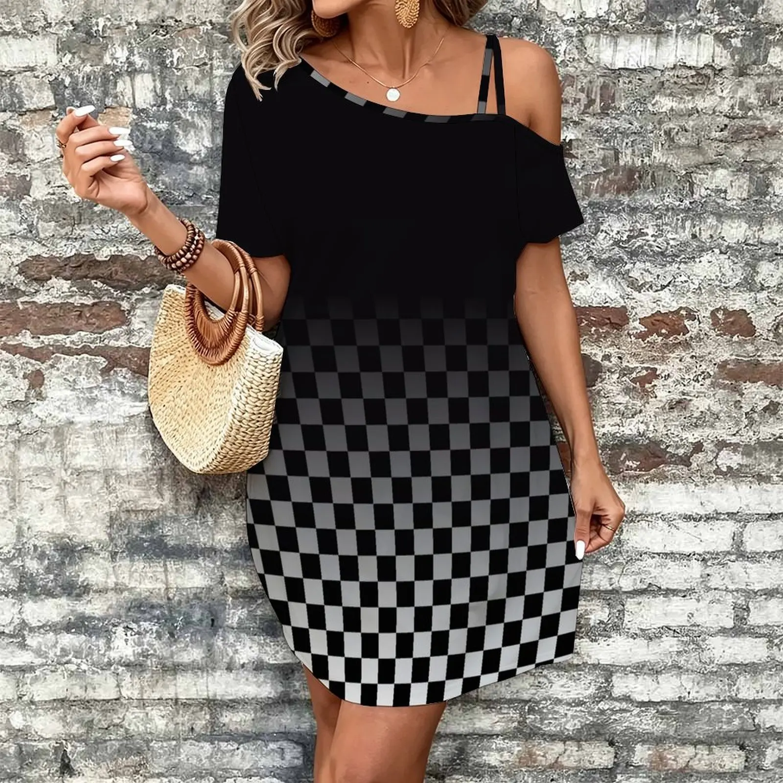 Harajuku check ombre Women's Slanted Shoulder Single Strap Short-Sleeved Dress