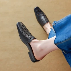 2024 New Women Low Heel Square Toe Hollow Out Slippers Genuine Leather Retro Style Casual Working Shoes Woman Spring Summer