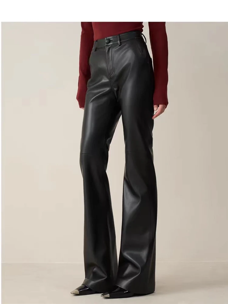 

Женские модные повседневные брюки из натуральной кожи с высокой талией, облегающие, свободного кроя, для работы, зимние, новинка