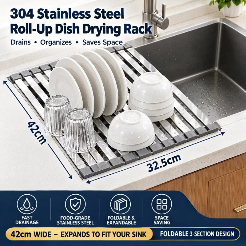 42x32.5cm 304 Thickened Wide Edge Stainless Steel Kitchen Sink Drain Storage Rack Tri-fold Adjustable Telescopic Drain Basket