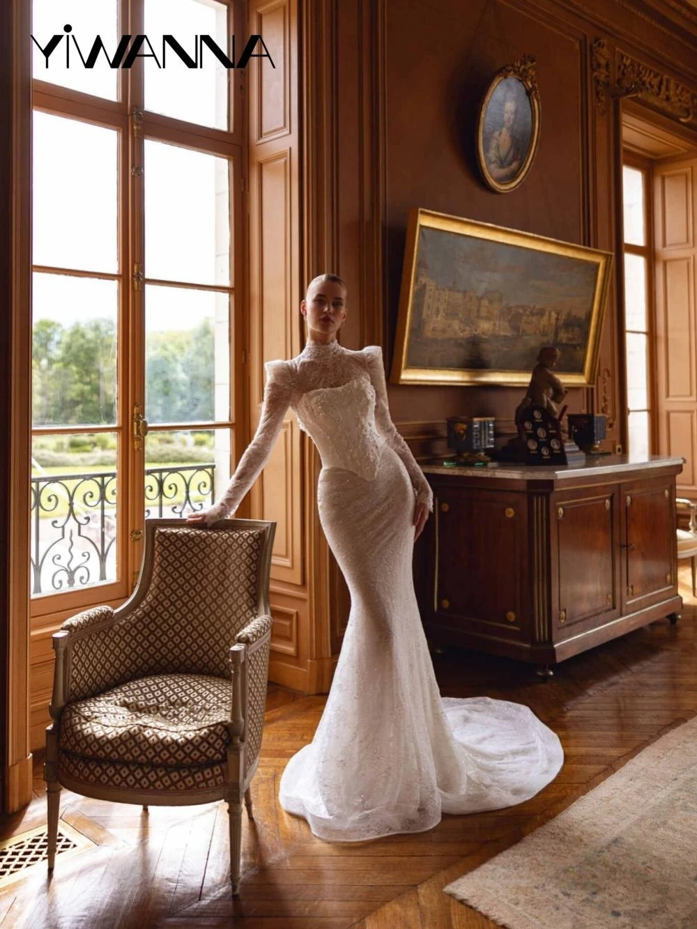 

Charming Beaded Lace Mermaid Wedding Dress With Corset High Collar Long Sleeve Bridal Gown Customized Dreamy Dresses For Bride