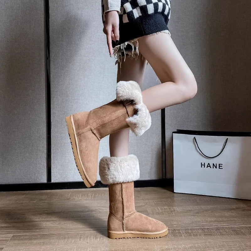 

2025 Winter New Style Two-Way Mid-High Snow Boots for Women Sheepskin Integrated Casual Fleece-Lined Warm Thick-Soled Long Boots