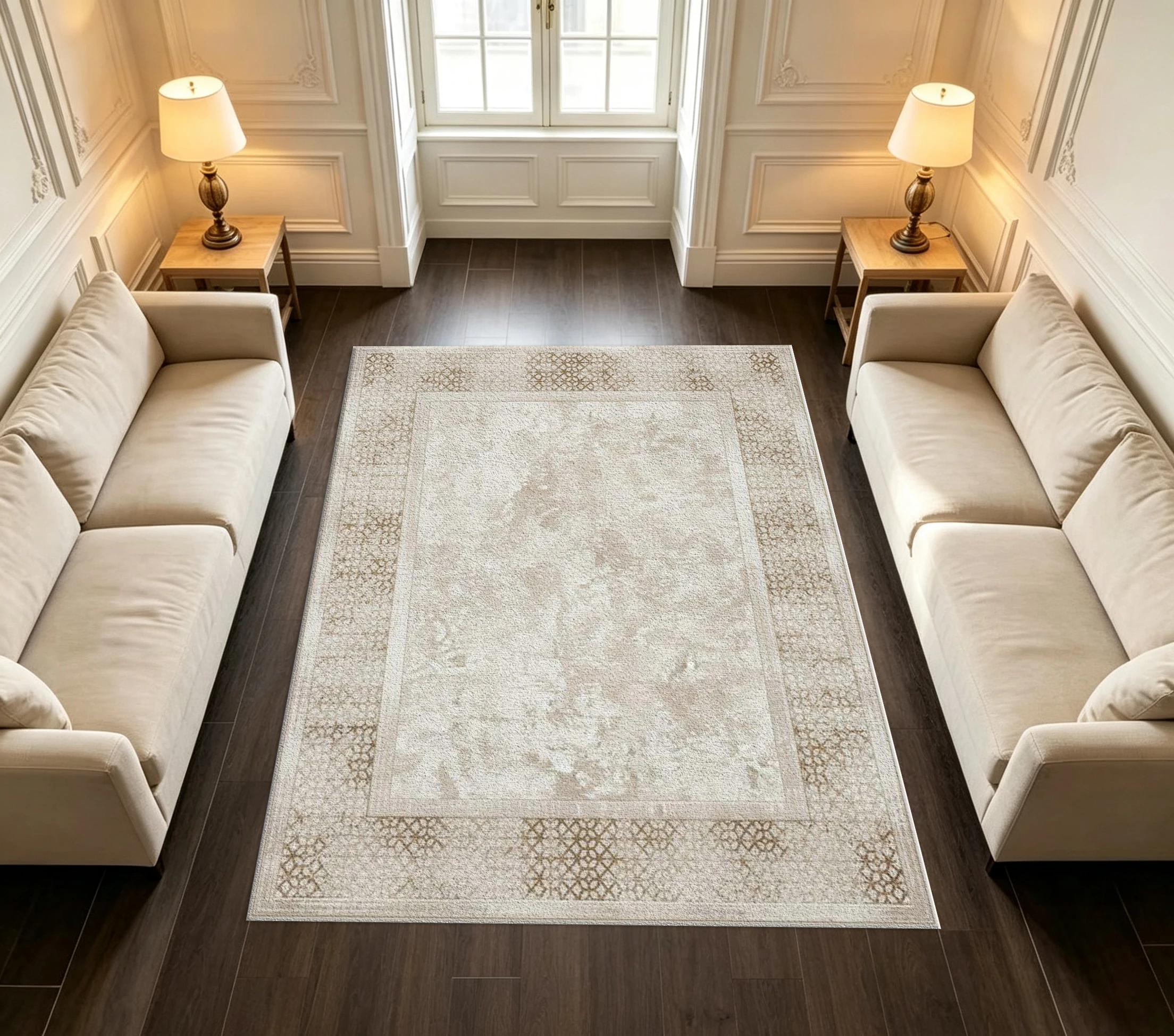 Light Beige Carpet with Border, Distressed Abstract Pattern Carpet, Suitable for Indoor Living Spaces and Home Decor