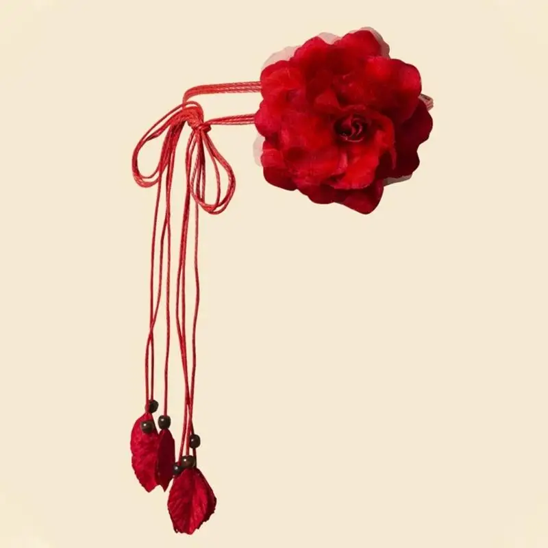 A52E Vintage Knot Braided Thin Belt for Women Flower Decors Ladies Dress Belt