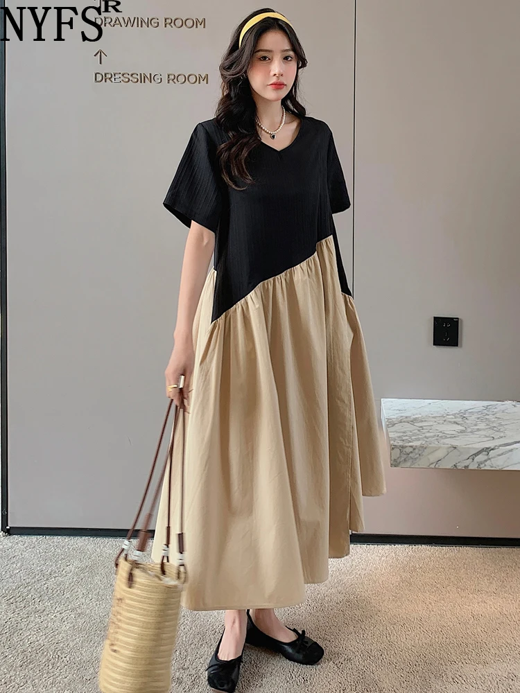 NYFS 2023 Summer New Korea Woman Dress Vestidos Robe Elbise Loose Plus Size Fake two piece Irregular Patchwork T-shirts Dress