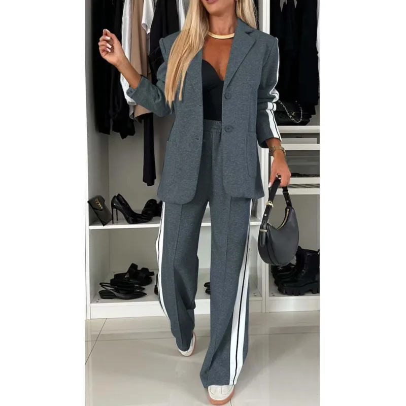 Neue Frühling Herbst Mode Blazer Set Frauen Casual-Taste Schlank Gestreiften Anzüge Jacke Lose Hohe Taille Lange Hosen Zwei Stück Sets