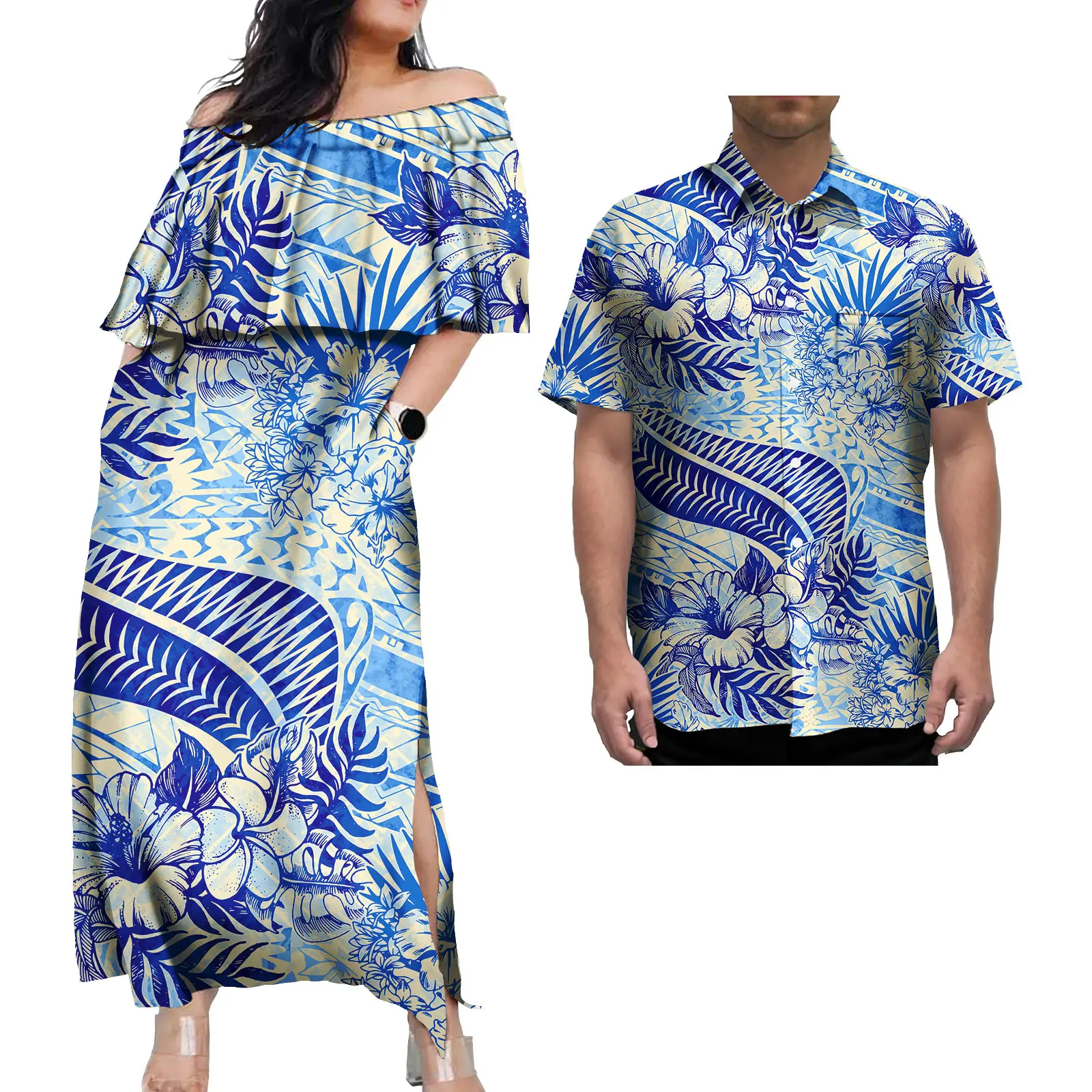 Abiti da coppia da sera Abiti casual con stampa tropicale tribale polinesiana e camicia da uomo Abito da coppia Abiti da coppia tribali eleganti