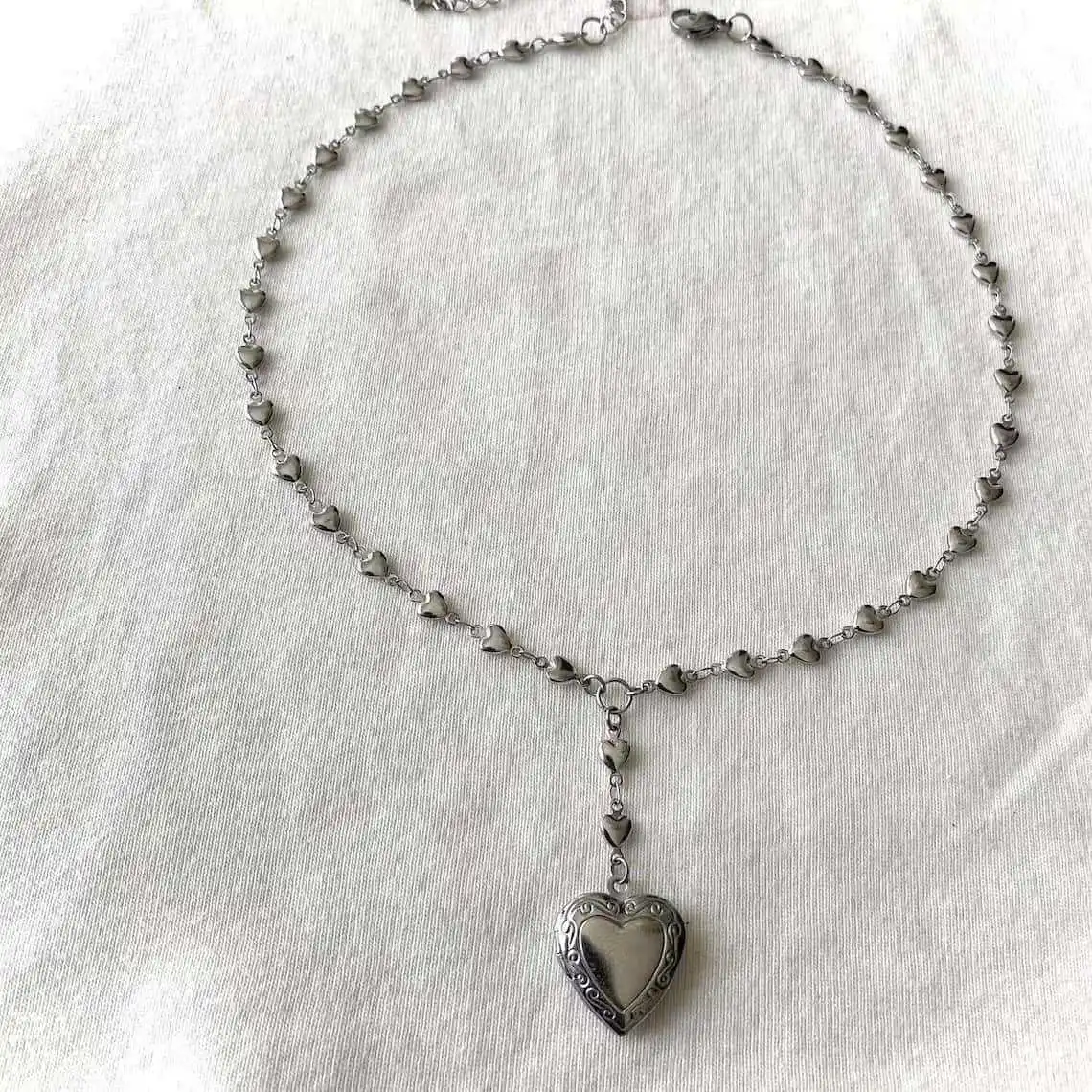 Rosary Lariat Chain Necklace with Heart Locket Pendant • Dainty Vintage Silver Plated Jewelry