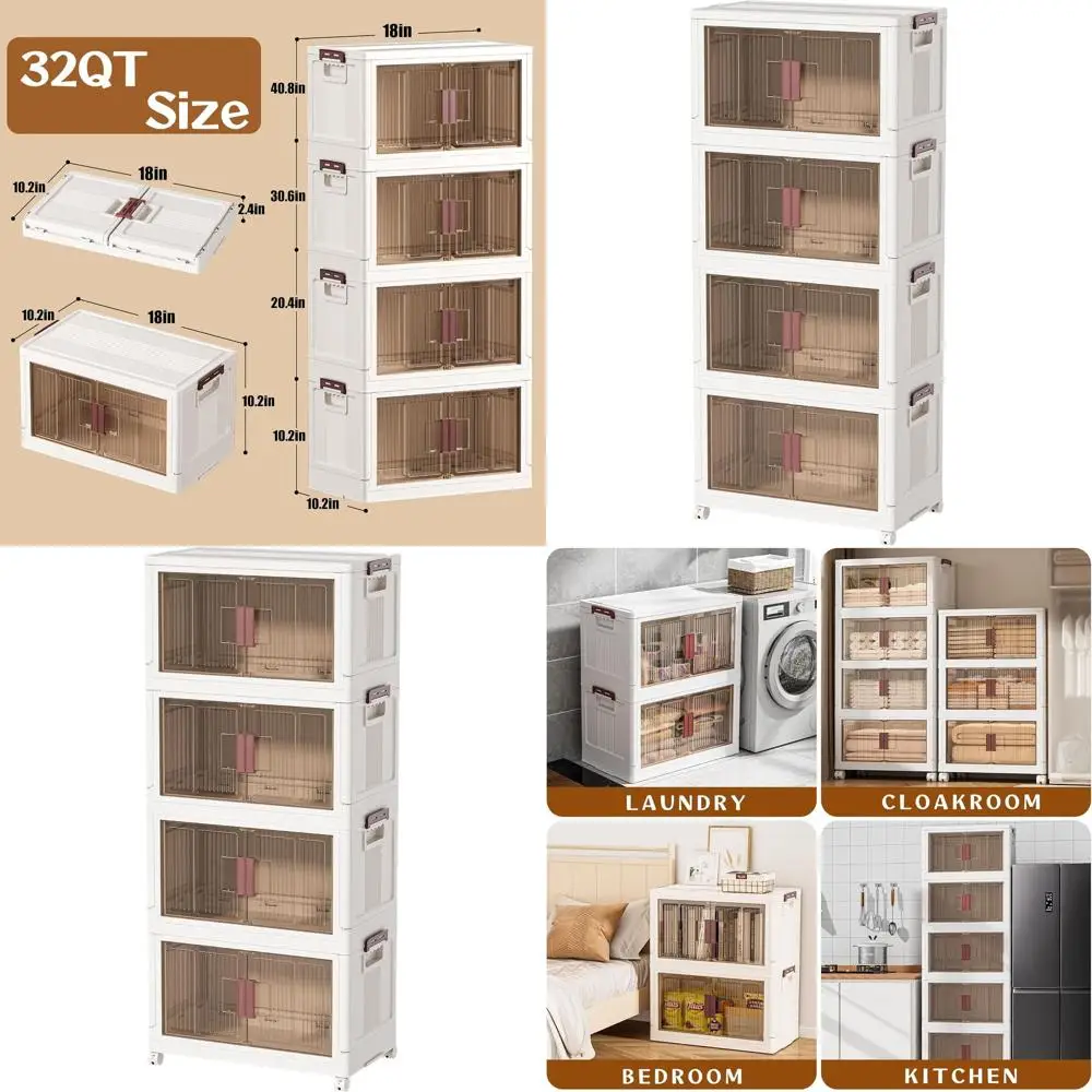 

Large 4-Tier Stackable Storage Bins with Lids and Wheels, Collapsible Plastic for Organizing Suits, Clothes, Home and Office