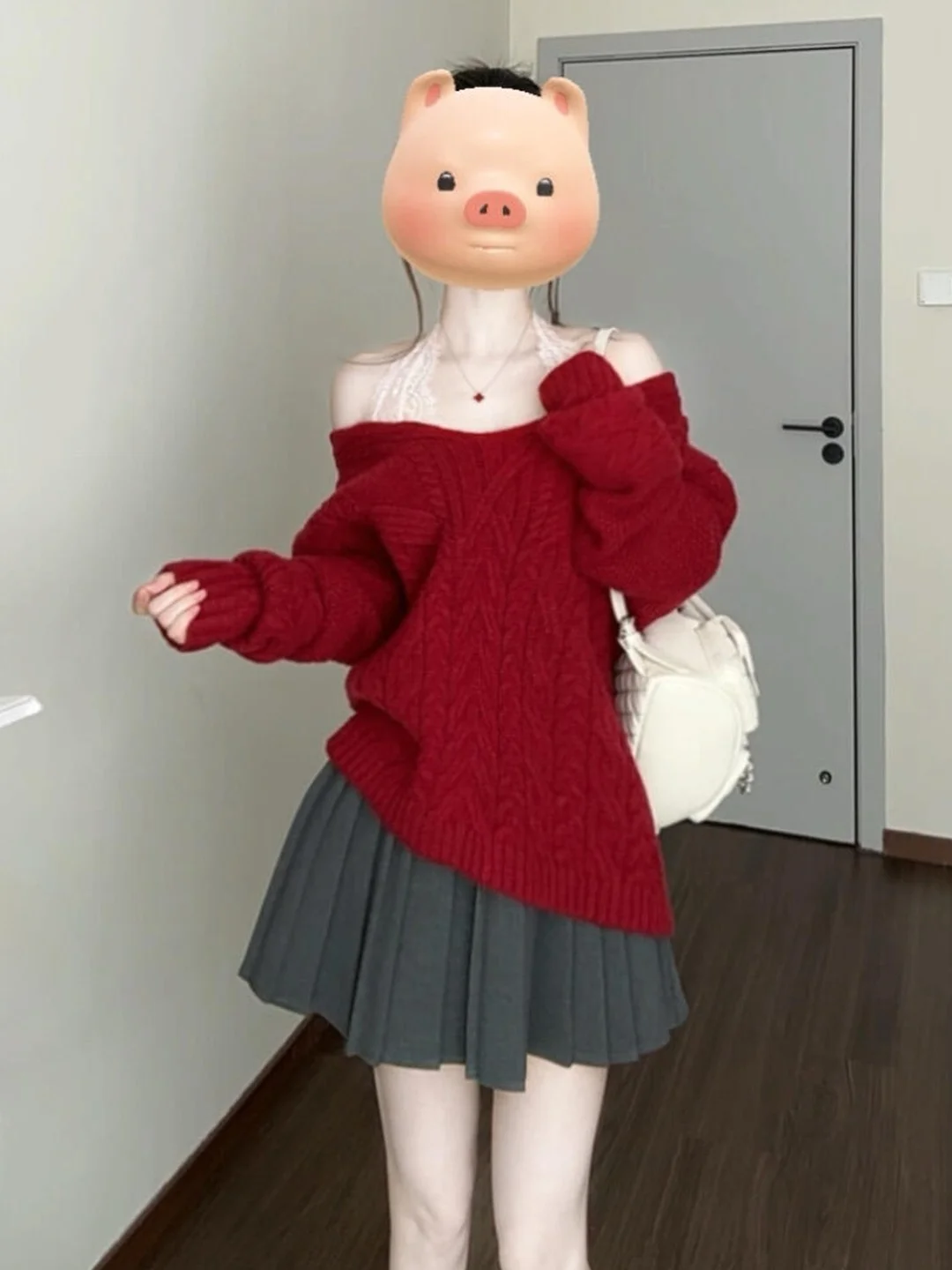 

Женский мягкий свободный вязаный свитер с V-образным вырезом на плечах, весенняя новинка, красный, повседневный, длинный топ