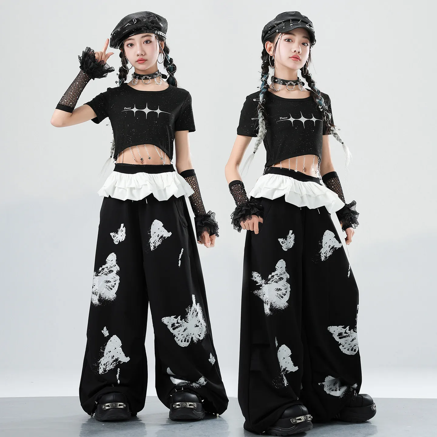 

Детские костюмы для современного джазового танца 2026: укороченные топы и свободные брюки для девочек, уличная одежда для выступлений в стиле хип-хоп XH4198