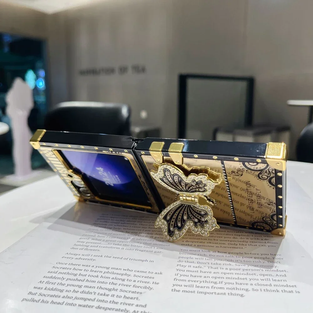 Cute Square Phone Case for Samsung Galaxy Z Flip 6 5 4 3 Flip6 Flip5 Flip4 Flip3 5G Luxury Bling Glitter Butterfly Stand Cover