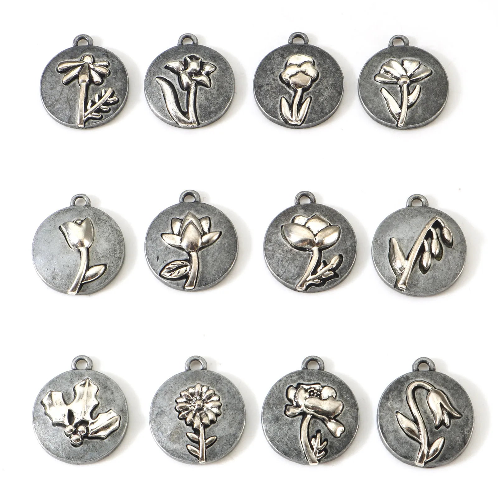 Vintage Birth Month Round Flower Charms Antique Silver Color Metal Pendants DIY Necklace Earrings Jewelry 20mm x 17.5mm,10PCs