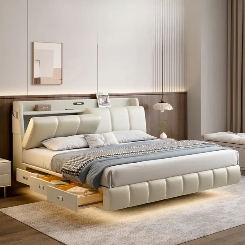 

Nordic Modern Storage Double Bed Frame Elegant Princess Light Luxury Leather Bed Loft Villa Cama Matrimonial Furniture Home