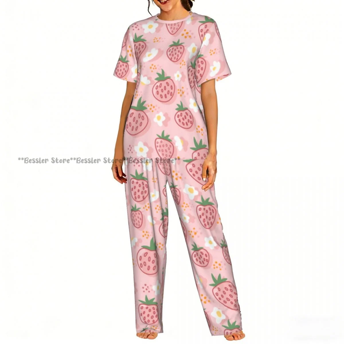 

Женская комфортная пижама: милый розовый комплект с клубничными цветами, короткий рукав, для сна