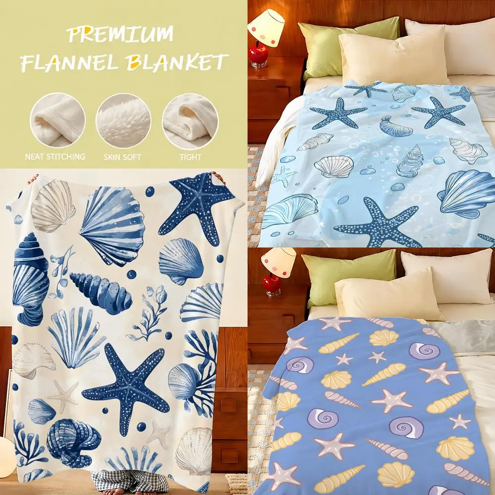 Pattern Shell starfish Throw Plush Flannel Throw Blanket, Sofa Bed Travel Picnic Home Textile Decor