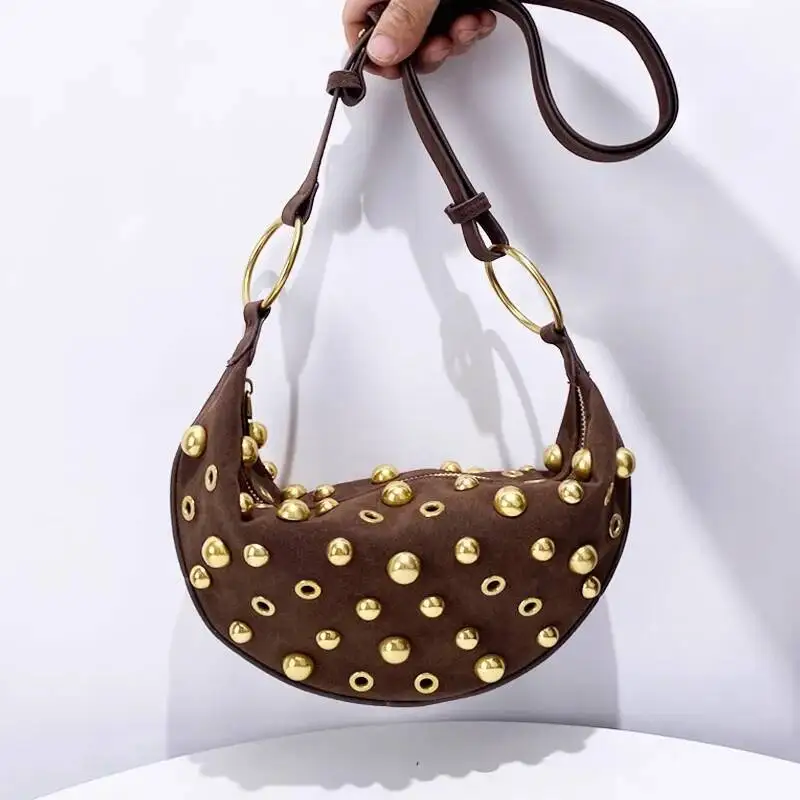 Designer Studded Crescent 2025 New Women's Metal Underarm High-End Retro Rivet Polka Dot Shoulder Bag