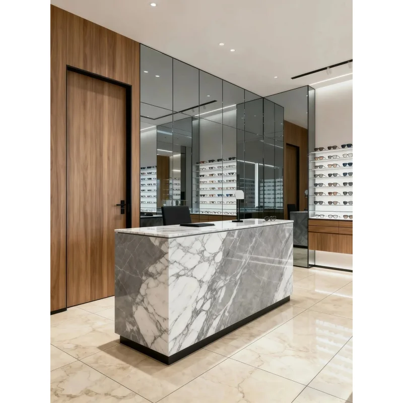 custom.Optical Eyewear Sunglasses Display Leather Wooden Varnished LED Lighting Heavy Duty Cubical Design Ladder She