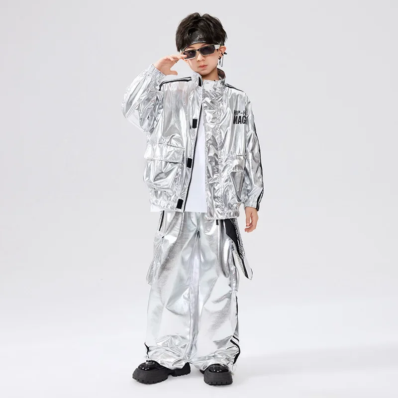 Boys Hip Hop Silver Jacket Street Dance K-pop Cargo Pants Girl Leather Clothes Sets Kids Child Teens Jazz Shiny Streetwear  987