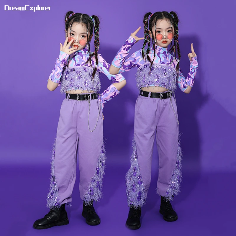 Girls Hip Hop Sequin Crop Jacket Joggers Clothes Sets Kids Top Stage Show Costumes Children Streetwear Street Dance Purple Pants