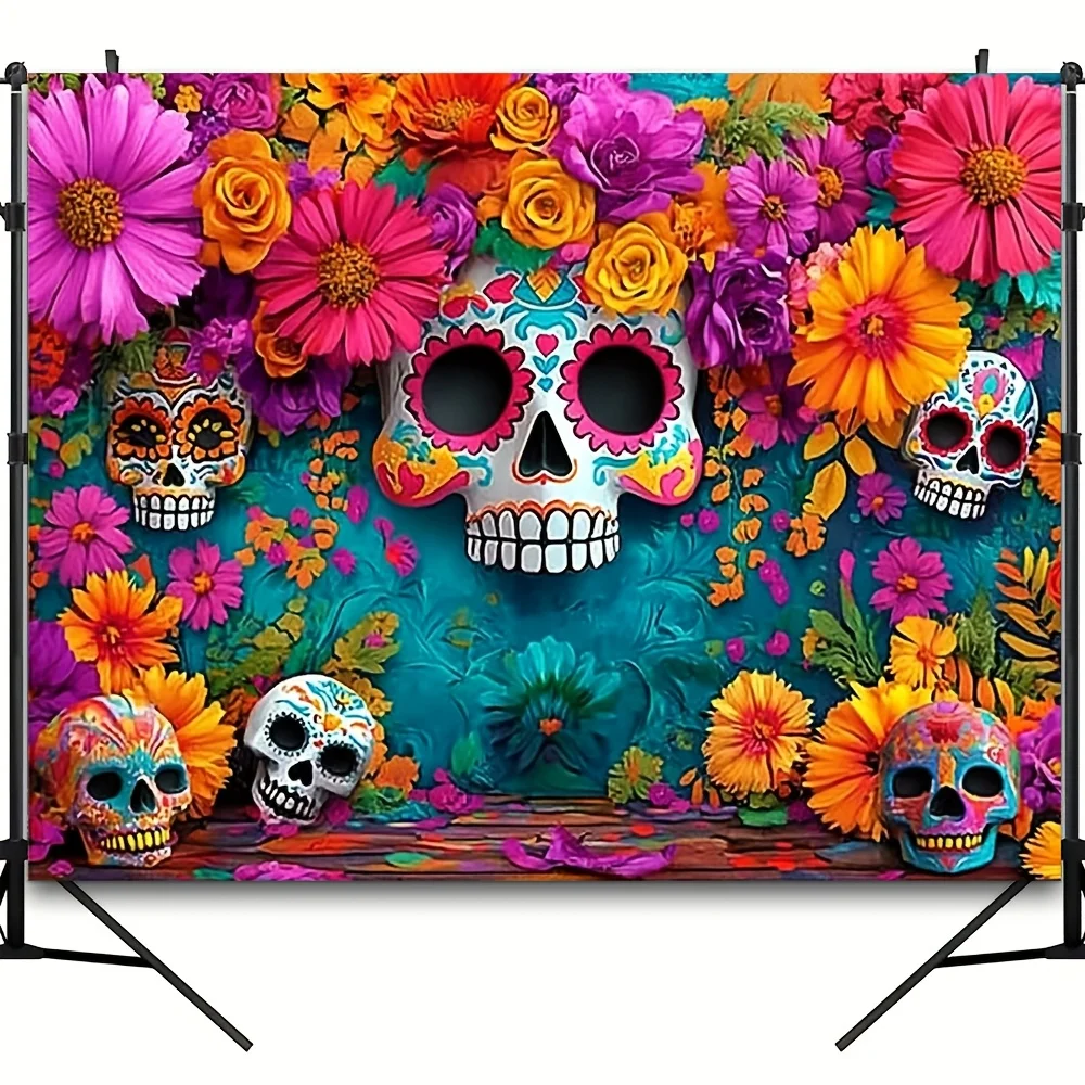 Tag der Toten Party Hintergrund Mexikanische Fiesta Zucker Schädel Blumen Fotografie Hintergrund Dia DE Los Muertos Party Supplies – Detail 3
