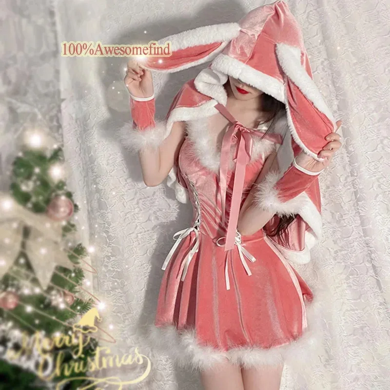 여성 크리스마스 산타클로스 코스프레 의상 섹시한 란제리 이국적인 겨울 핑크 드레스 메이드 유니폼 버니 걸 의상