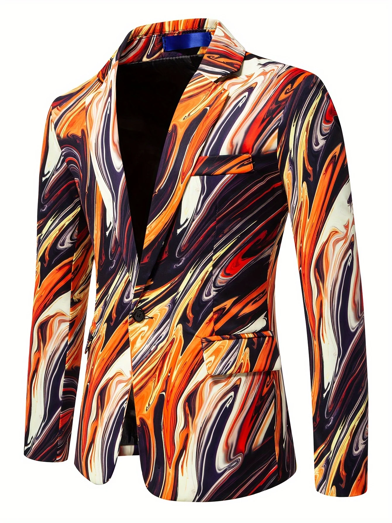 Men Notched Lapel Blazer Orange‑Red‑Purple Marbled Fluid Graphic Polyester Single‑Button Outerwear Top