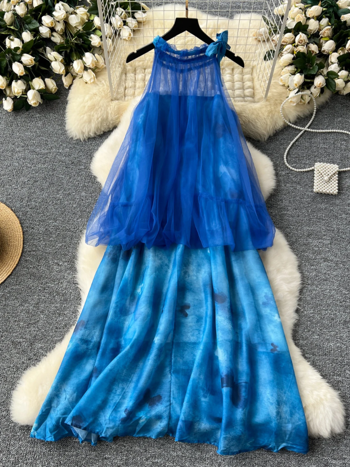 

Summer Loose Patchwork Mesh Tie Dyed Print Halter Long Dress Women French Sleeveless Chiffon Fairy Dresses Female Beach Vestidos