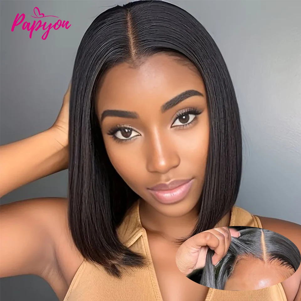 Pelucas Bob corto, peluca recta sin pegamento, pelucas de cabello humano listas para usar, precortadas, cordón elástico 4x4, peluca de aire de encaje mejorada sin pegamento