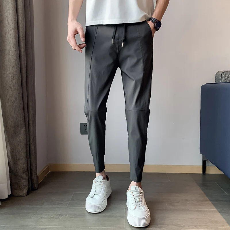 

Pantalones Hombre Spring New Ankle Length Pants Men Clothing Korean Slim Fit Spliced Design Casual Men's Trousers All Match Gray