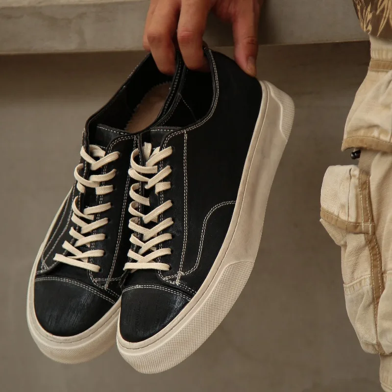 Handmade Outdoor Casual Sport Shoes Men's Sneakers Breathable Lace Up Genuine Leather Hiking Thick Sole Board Shoes Male Flats