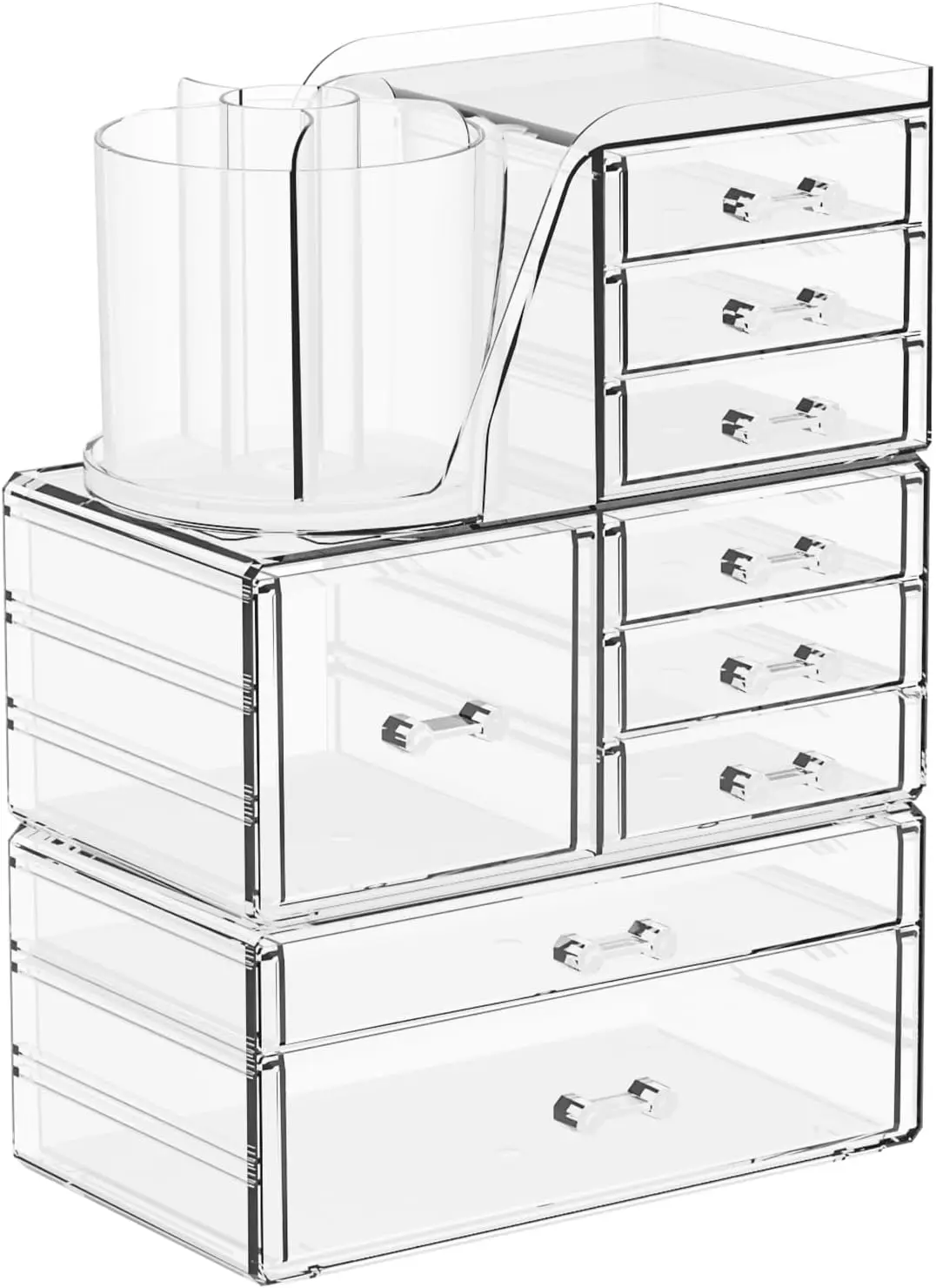 

3 Pack Clear Acrylic Makeup Organizer for Vanity With 9 Drawer, Skincare Organizers Countertop With Make up Brush Holder,Bathro
